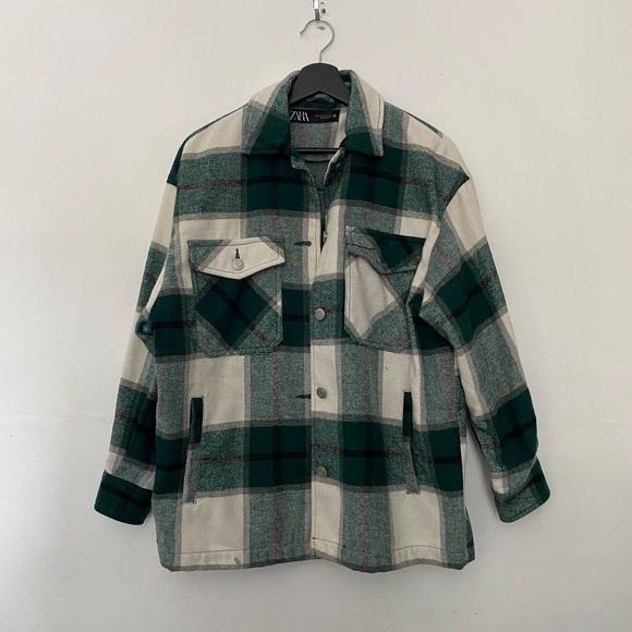 Zara Green and White Plaid Unlined Button Down Shirt Jacket Shacket - Picture 2 of 5